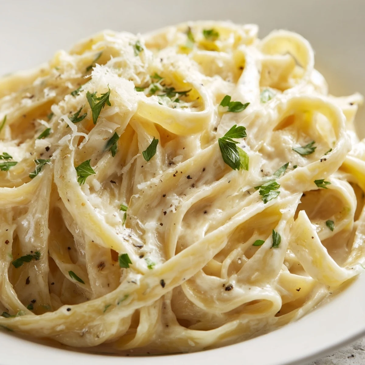 Fresh parsley and grated Parmesan garnish a skillet of creamy Alfredo sauce tossed with fettuccine pasta.