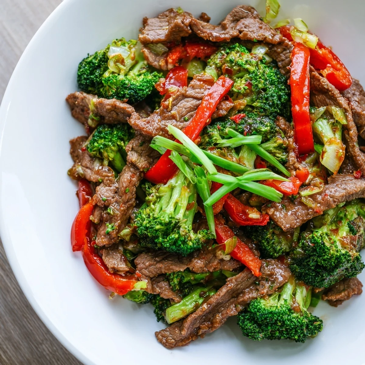 Steaming hot Spicy Beef Stir Fry with Broccoli Florets served over white rice, garnished with green onions.
