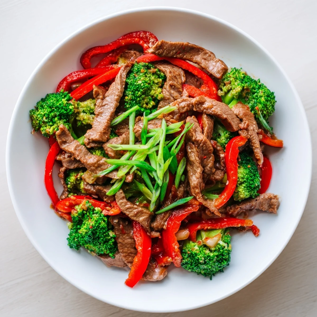Close up of Spicy Beef Stir Fry with Broccoli Florets, highlighting saucy vegetables and savory beef slices.