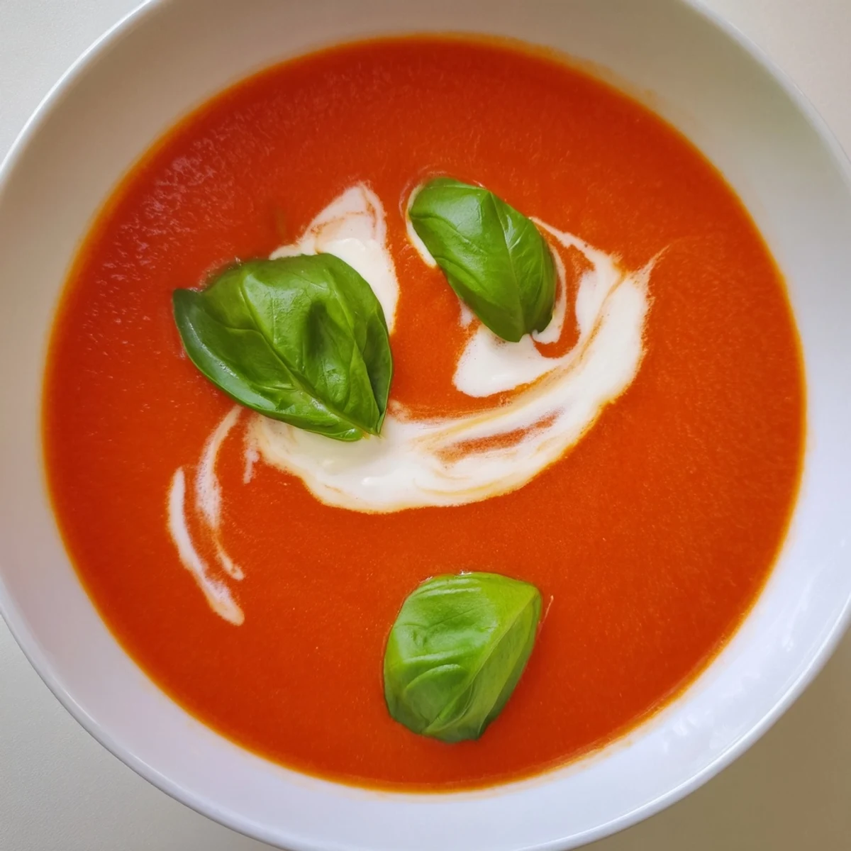 Creamy tomato soup with a velvety texture and fresh basil garnish, served hot in a white bowl.