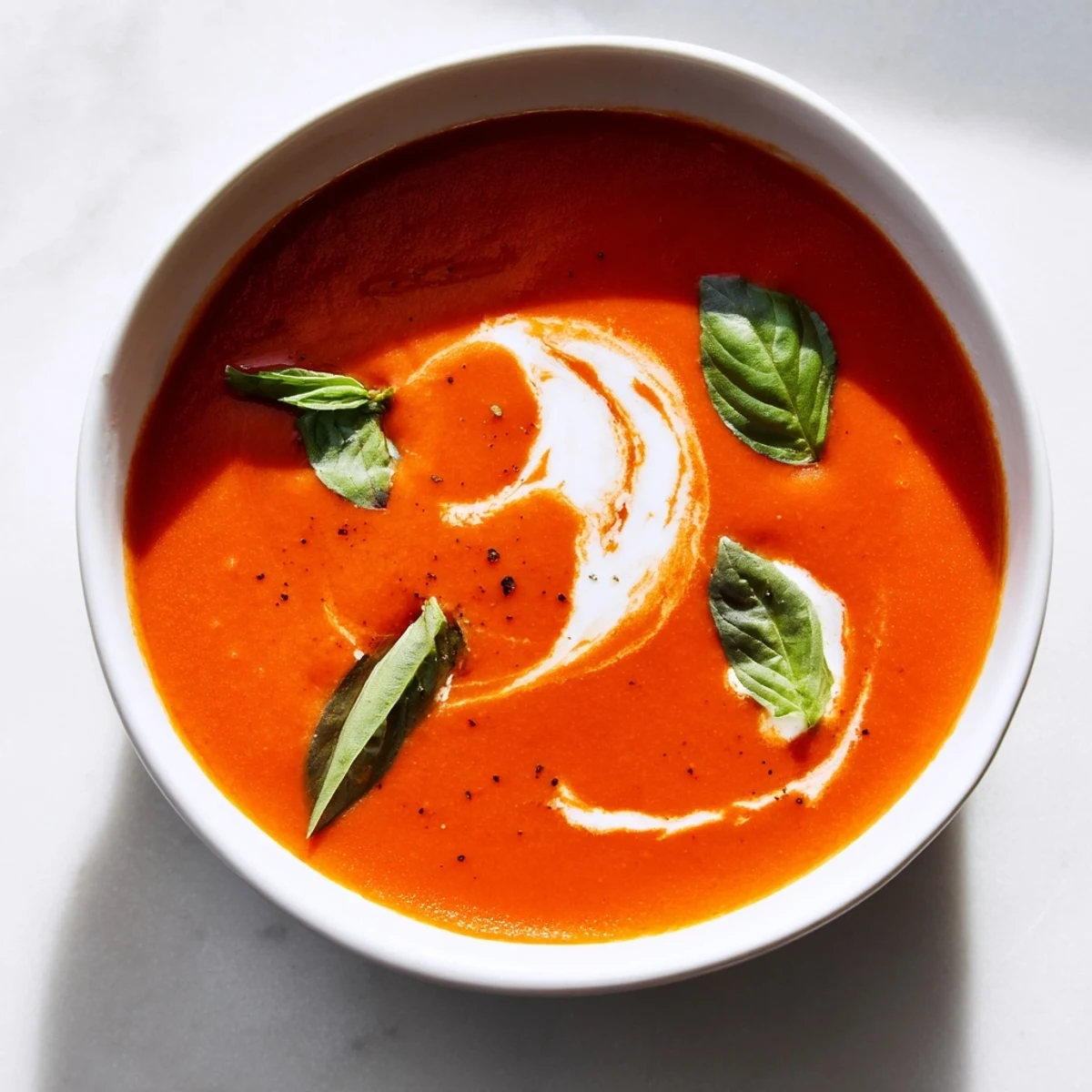 A bowl of rich creamy tomato soup, steaming gently with a swirl of cream and basil on top.