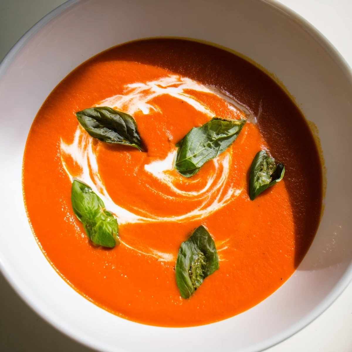 Smooth, vibrant creamy tomato soup topped with basil, perfect for dipping crusty bread or a grilled cheese sandwich.