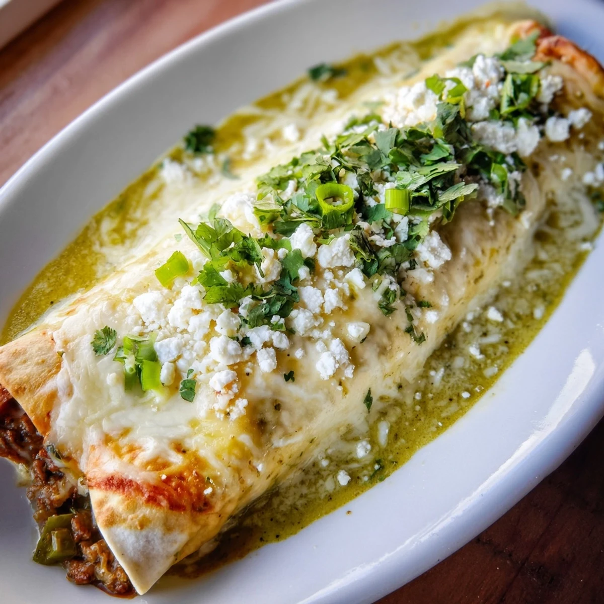 Golden-brown beef enchiladas with green sauce bubbling under melted Monterey Jack cheese, garnished with fresh cilantro.