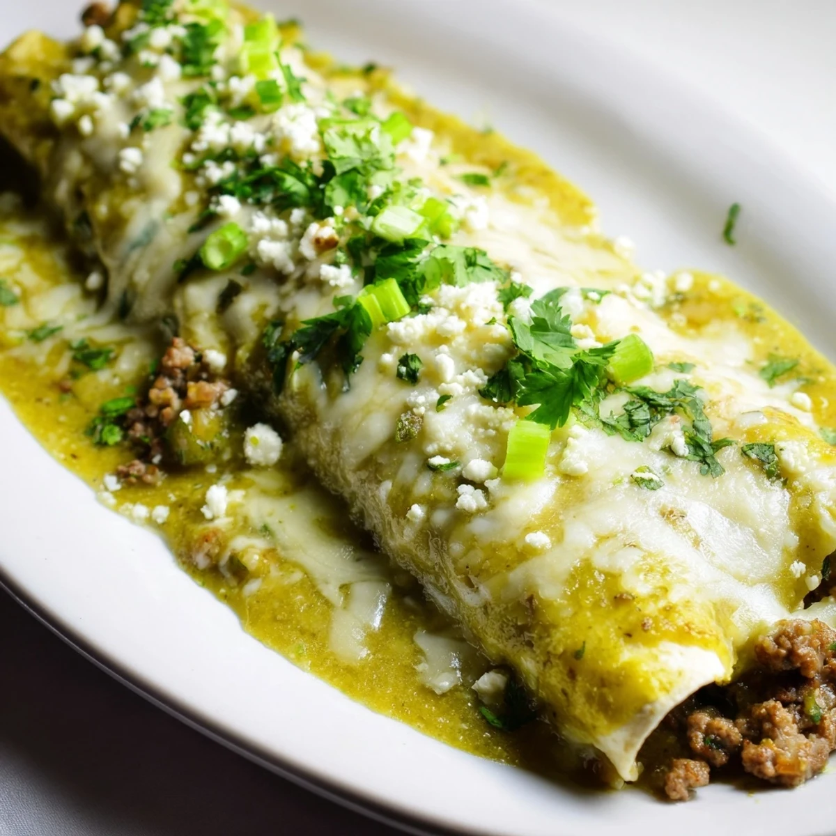 Tex-Mex beef enchiladas with green sauce and melted cheese, served hot from the oven with fresh toppings.