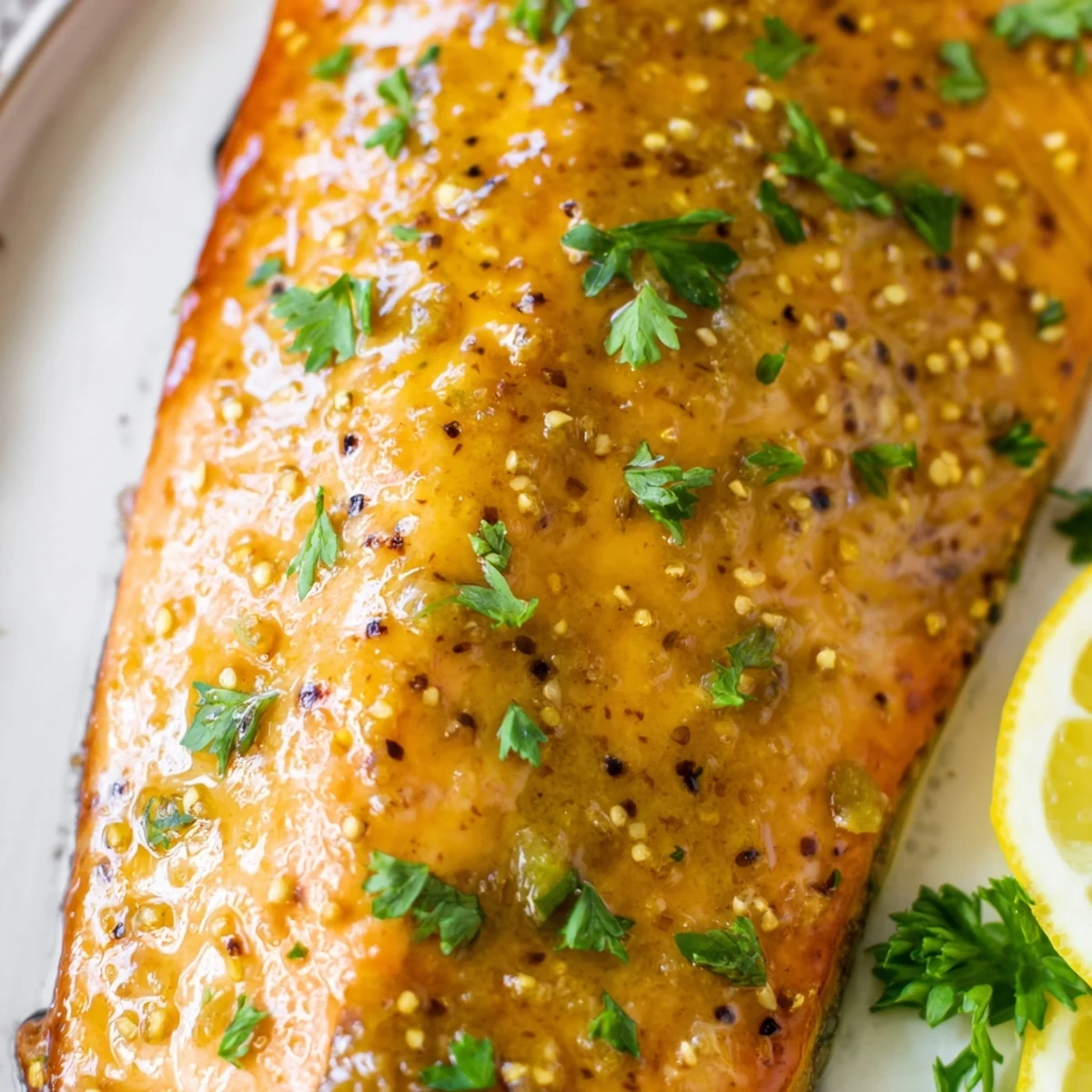 Flaky baked salmon fillets glazed with a sweet honey mustard sauce, garnished with fresh parsley and served with lemon wedges on a white plate.
