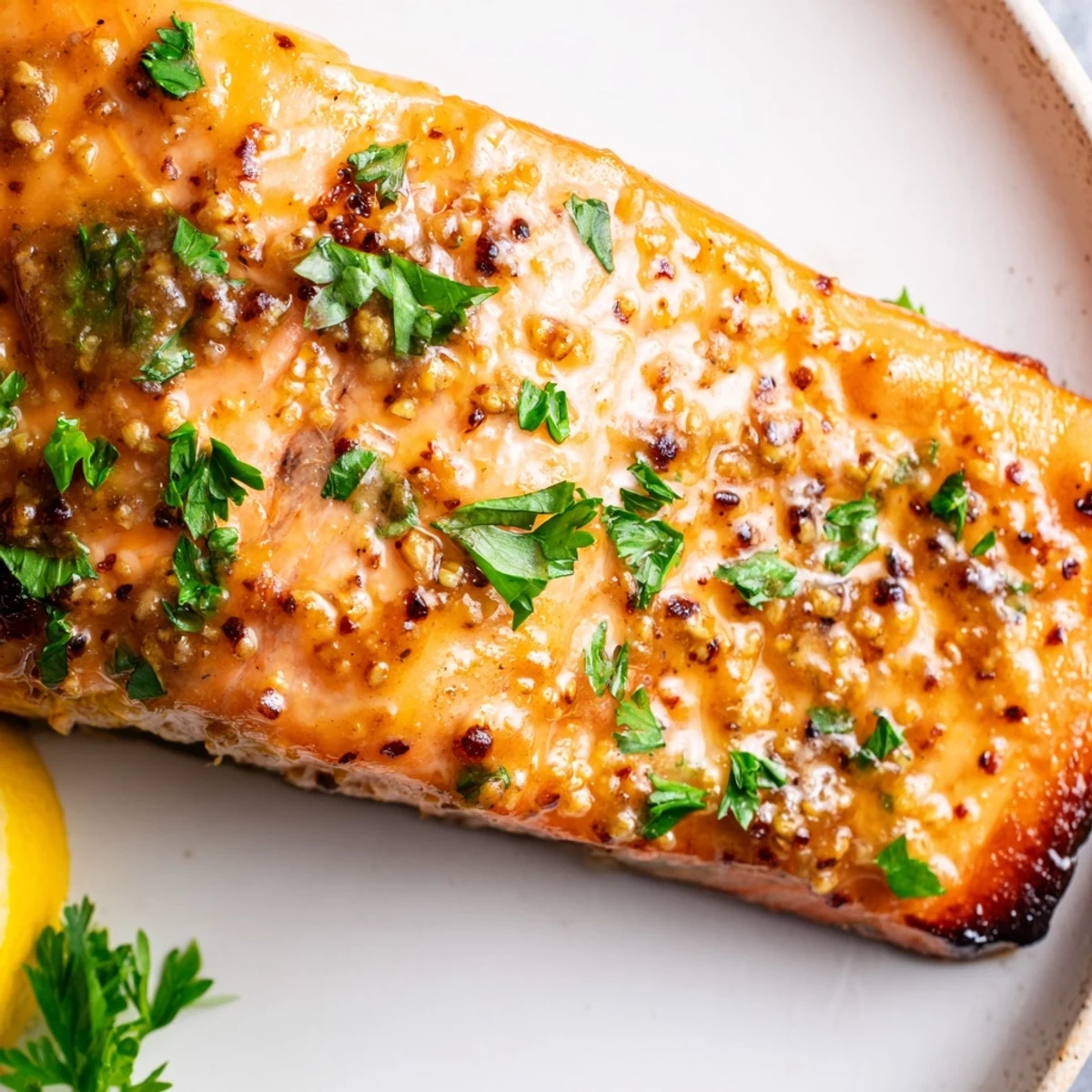 Golden brown salmon fillets coated in a sticky honey mustard glaze, ready to serve alongside roasted vegetables for a healthy weeknight dinner.
