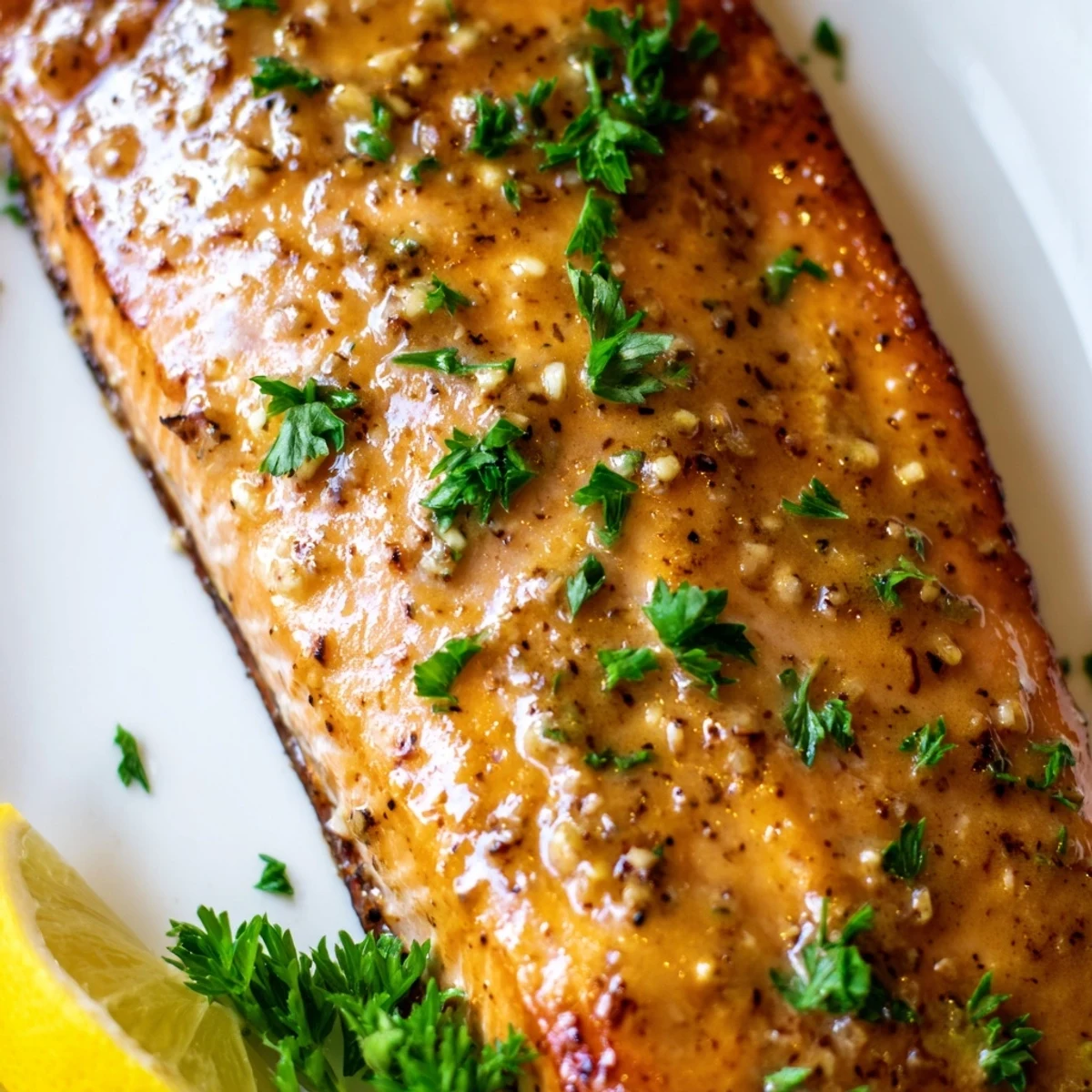 Freshly baked salmon with a glossy honey mustard topping, sprinkled with chopped parsley and a squeeze of lemon for bright flavor.