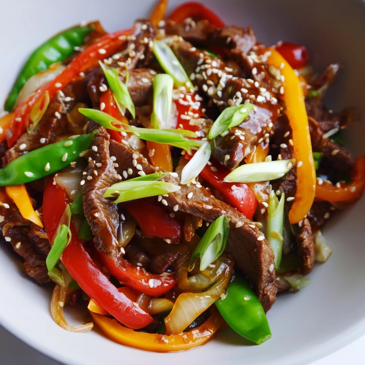 Sizzling Spicy Beef Stir Fry with tender beef strips and crisp red bell peppers in a savory sauce.