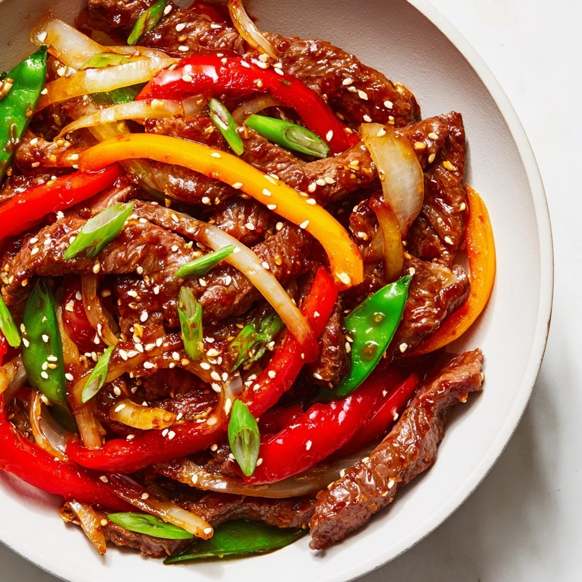 Hot wok of Spicy Beef Stir Fry tossed with snow peas and onions, served over fluffy rice.