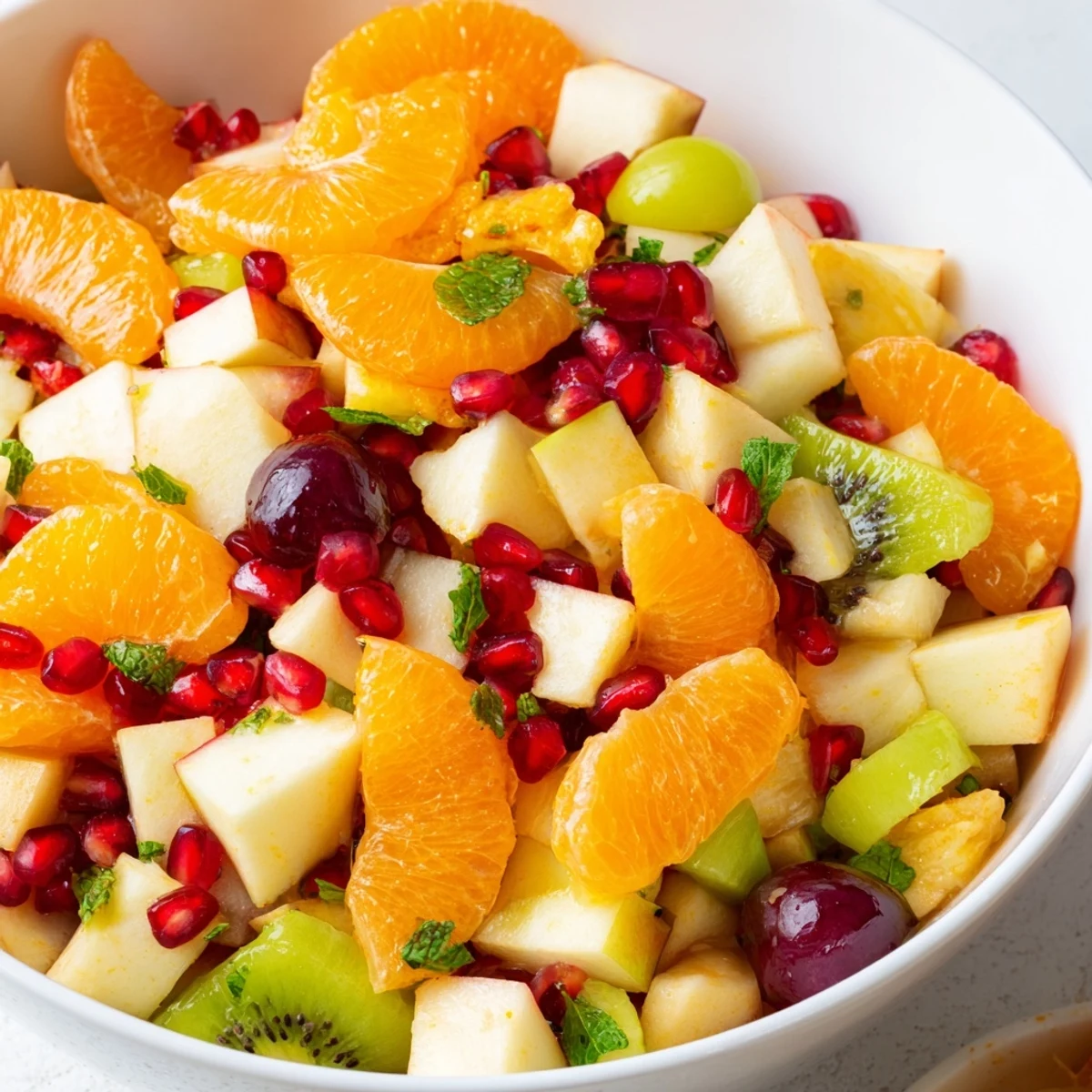 A vibrant Winter Fruit Salad with Mint showcases glistening orange segments, pomegranate seeds, and sliced kiwi arranged in a rustic bowl.