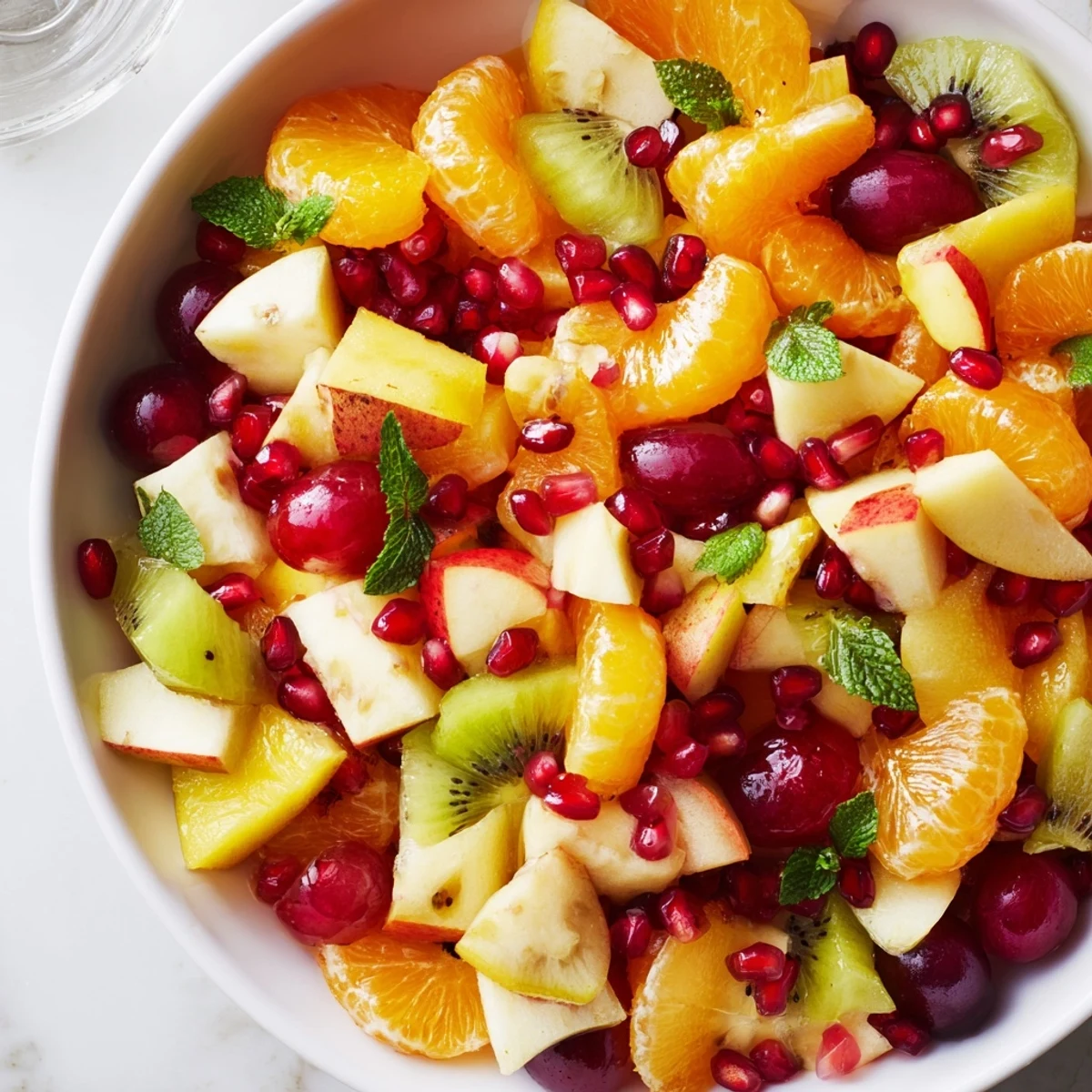 A close-up of Winter Fruit Salad with Mint highlights crisp apple, juicy pear, and ruby pomegranate seeds for a festive, colorful dish.