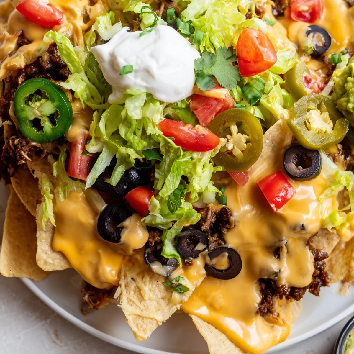 A vibrant tailgate nacho bar with queso, loaded with crisp tortilla chips, seasoned ground beef, and fresh toppings like lettuce and tomatoes.
