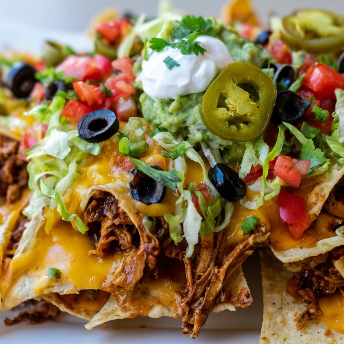 Crisp tortilla chips piled high with melted queso, pickled jalapeños, and black olives, ready for a customizable game day party spread.