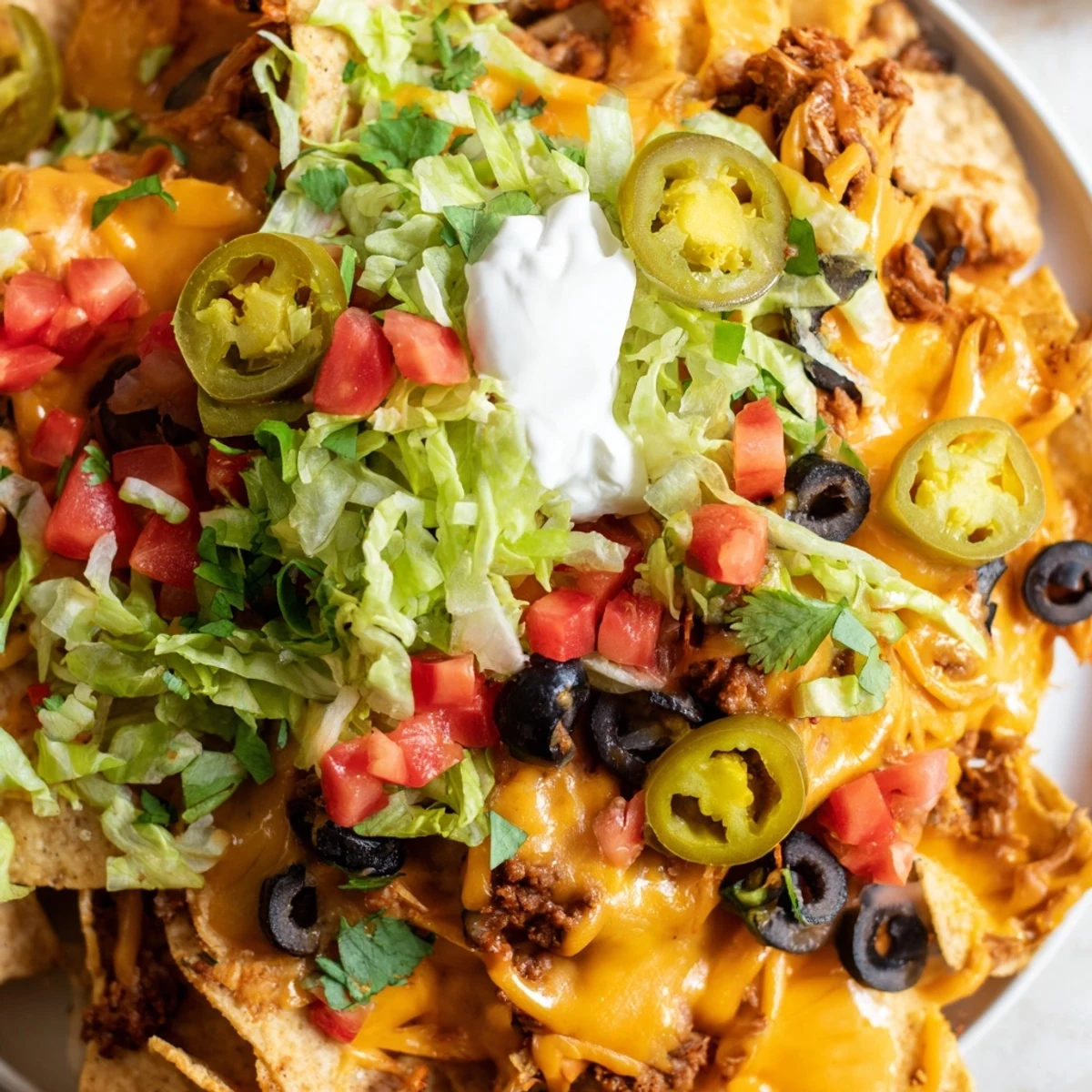 A warm drizzle of homemade queso sauce over layered nachos with rotisserie chicken, guacamole, and lime wedges for a festive Tex-Mex feast.