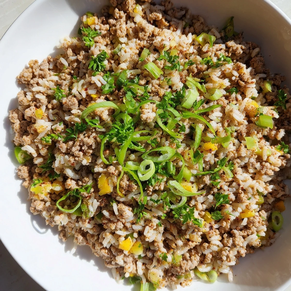 Fragrant Cajun Dirty Rice with Ground Turkey steams in a pan, featuring browned turkey, peppers, and fluffy rice ready to serve.