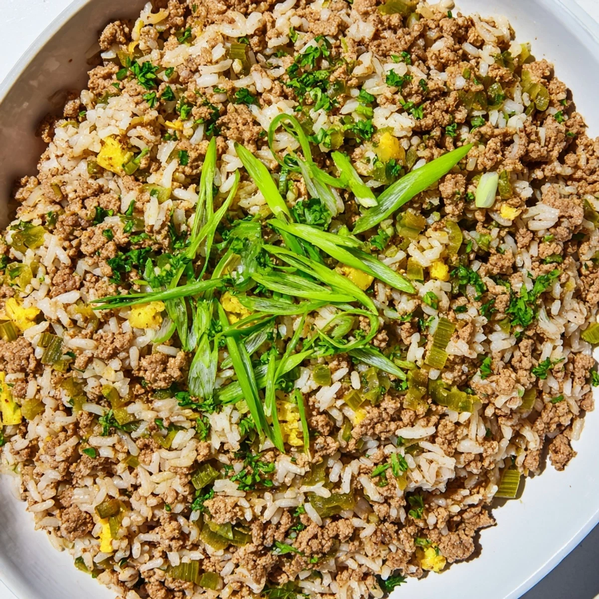 Hearty Cajun Dirty Rice with Ground Turkey is plated in a bowl, garnished with fresh green onions and parsley for color.