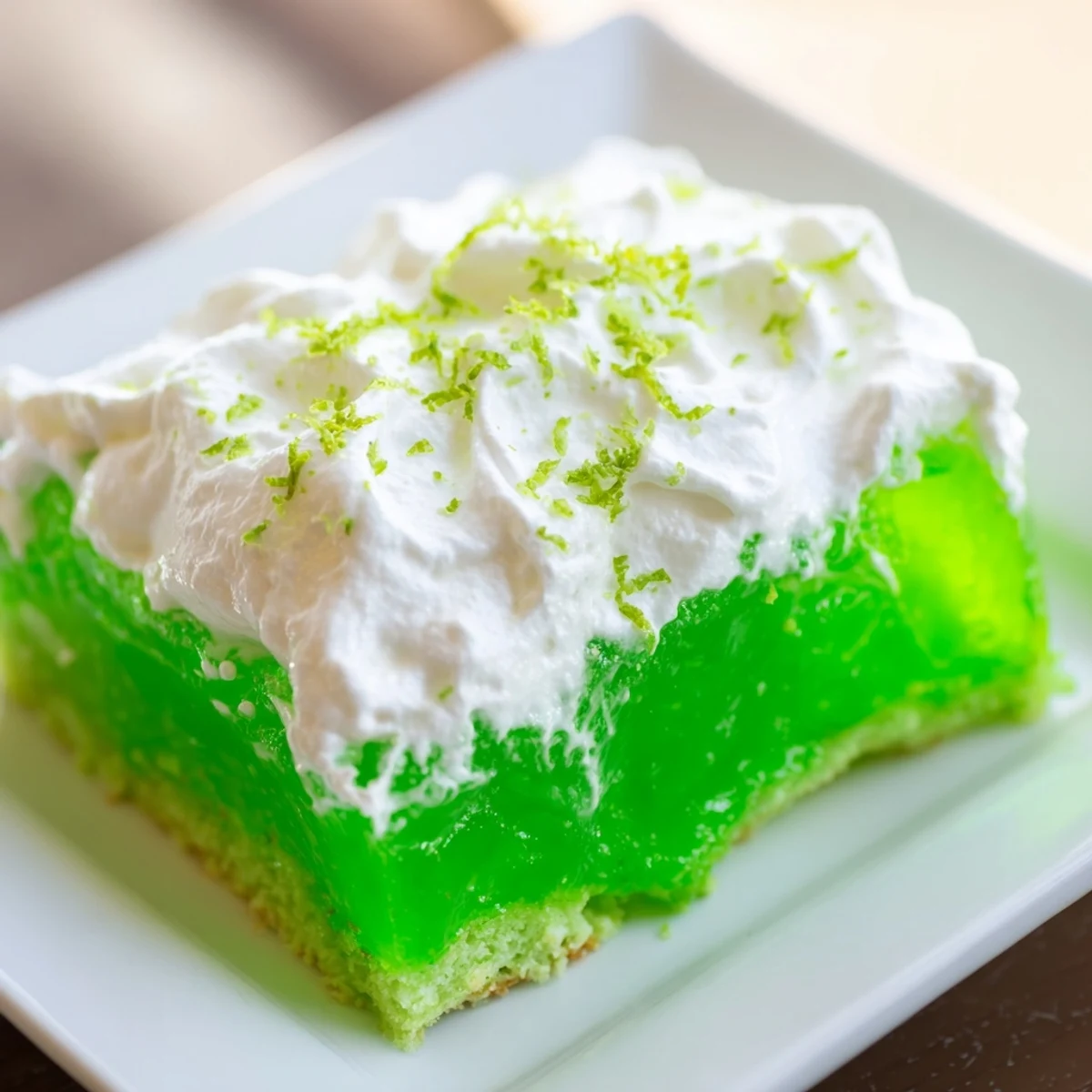 A slice of St. Patricks Day Lime Poke Cake reveals vibrant green gelatin soaking into the moist white cake beneath creamy whipped topping.