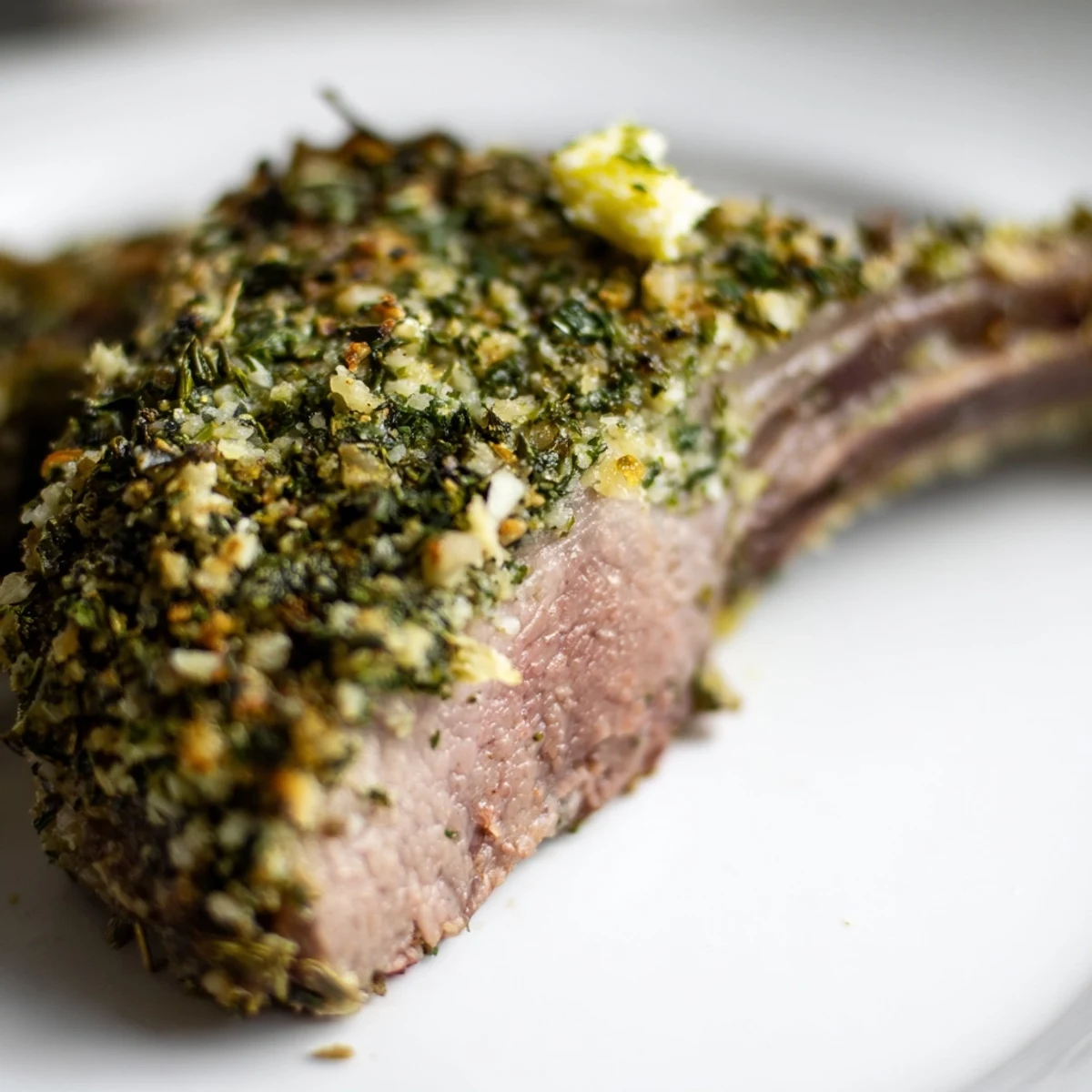 Fragrant rosemary and thyme crust baked onto a seared rack of lamb, perfect for a romantic dinner.  