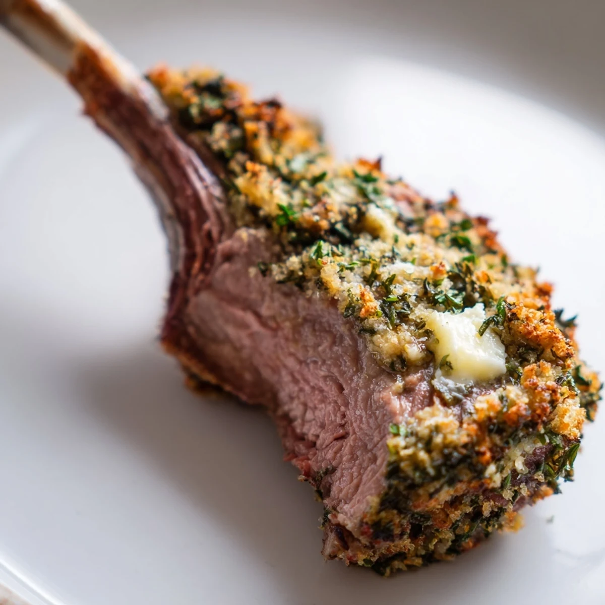 A juicy rack of lamb with a golden herb crust, served as two roasted chops on a rustic plate.  