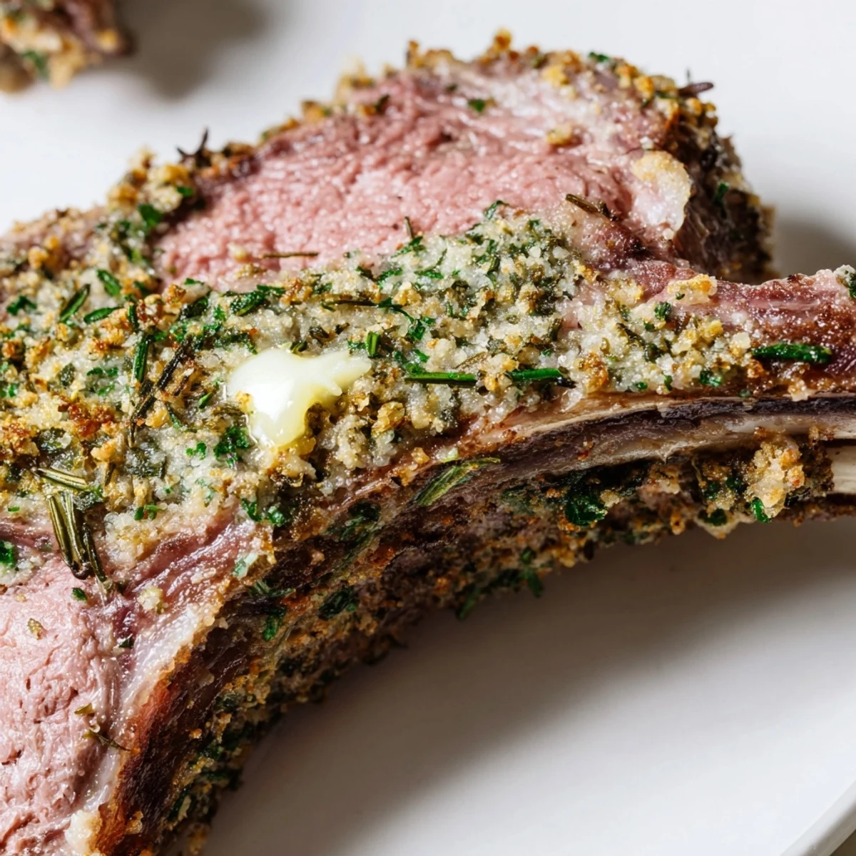 Sliced lamb chops reveal a tender pink center, garnished with fresh herbs and lemon zest.