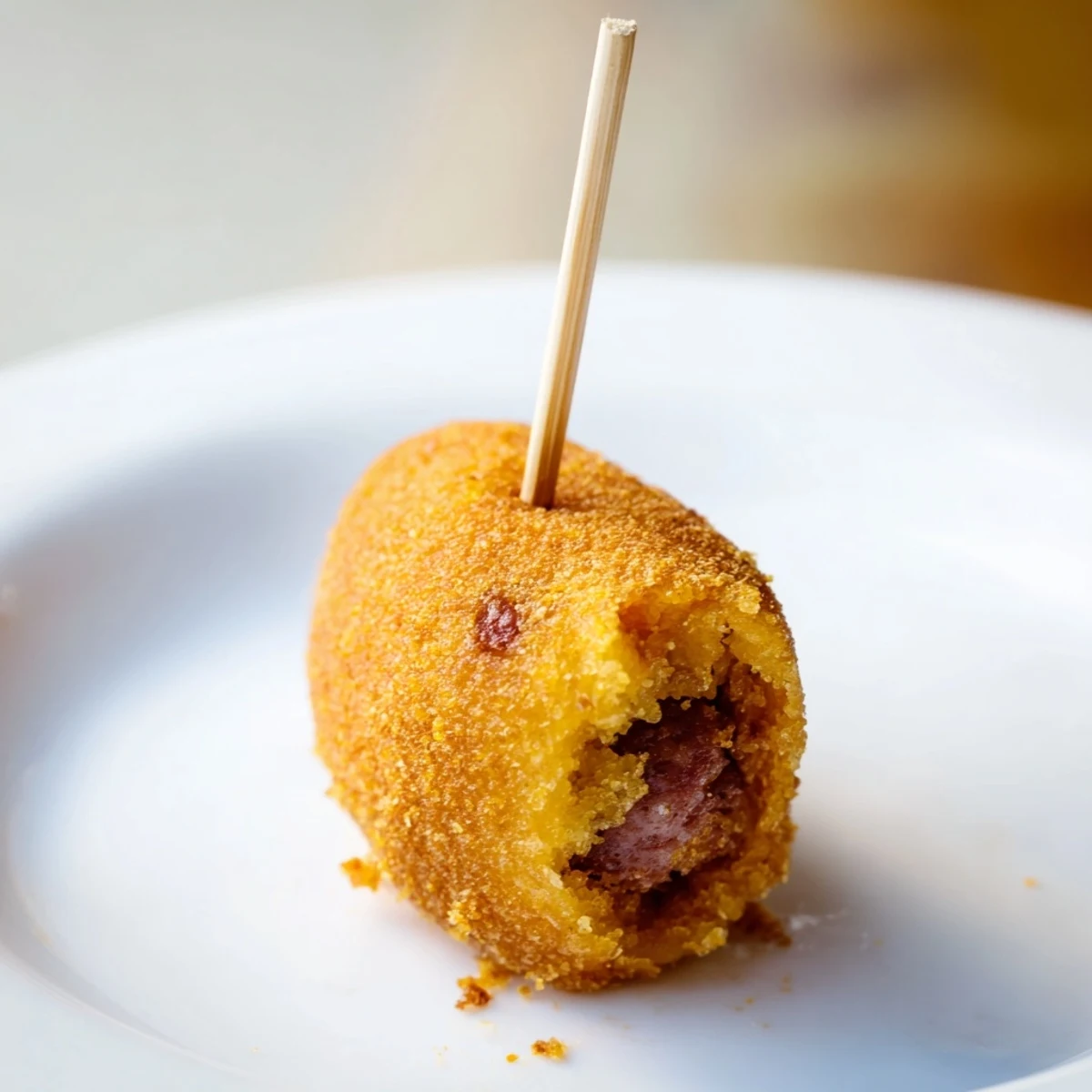 Freshly fried Super Bowl Mini Corn Dogs on a plate, served with a side of honey mustard and barbecue sauce.  