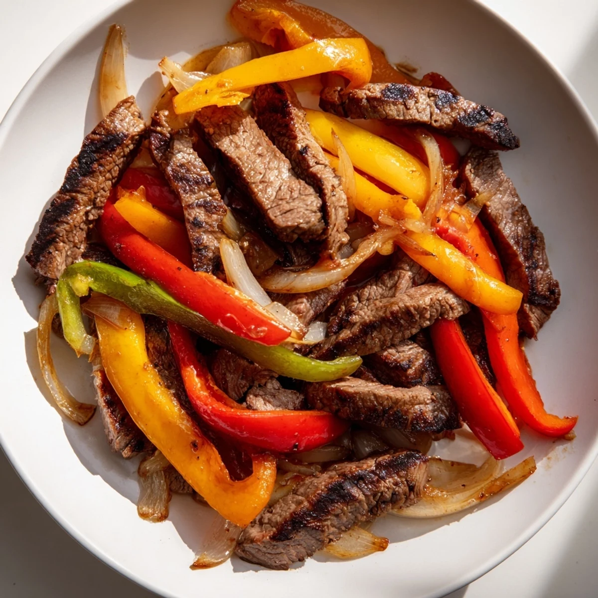 Sizzling strips of beef and colorful bell peppers and onions piled on warm flour tortillas for a classic fajita night.