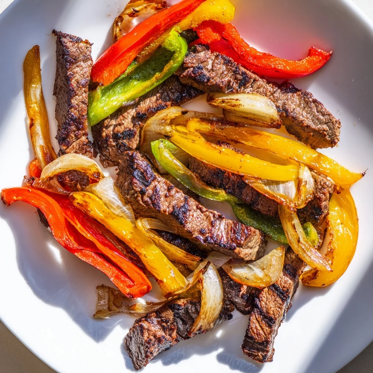 Tender marinated beef fajitas served hot from the skillet, with sautéed peppers and onions alongside soft flour tortillas.