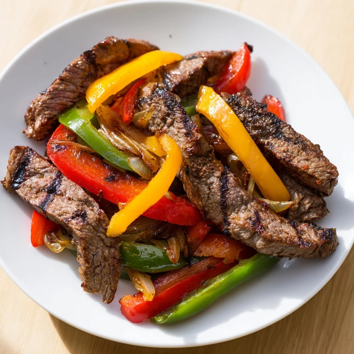 A close-up of flavorful beef fajitas with bell peppers and onions, ready to roll into warm tortillas for dinner.