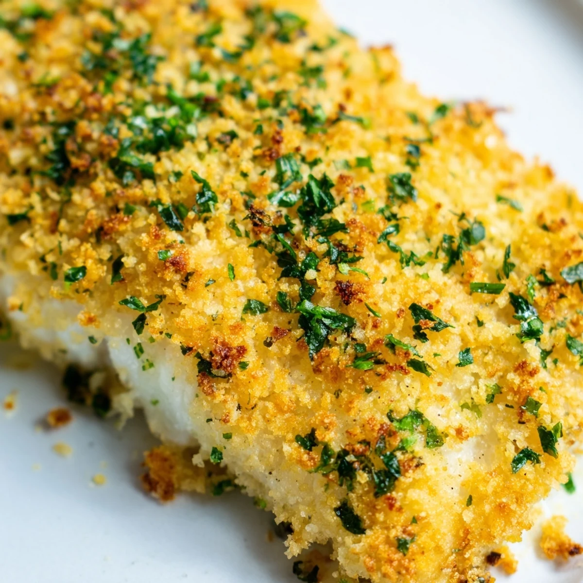 Golden-brown Baked Haddock with Lemon and Herb Crumb topped with crispy breadcrumbs and fresh parsley, ready to serve.