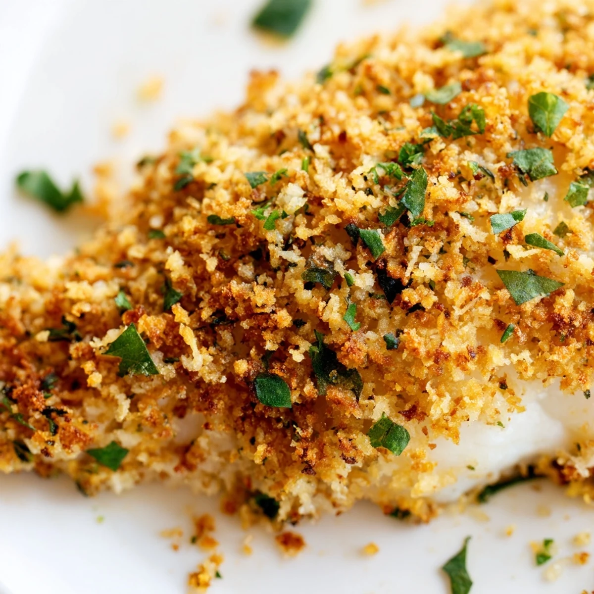 Tender fillets of Baked Haddock with Lemon and Herb Crumb flake easily alongside bright lemon wedges on a rustic plate.