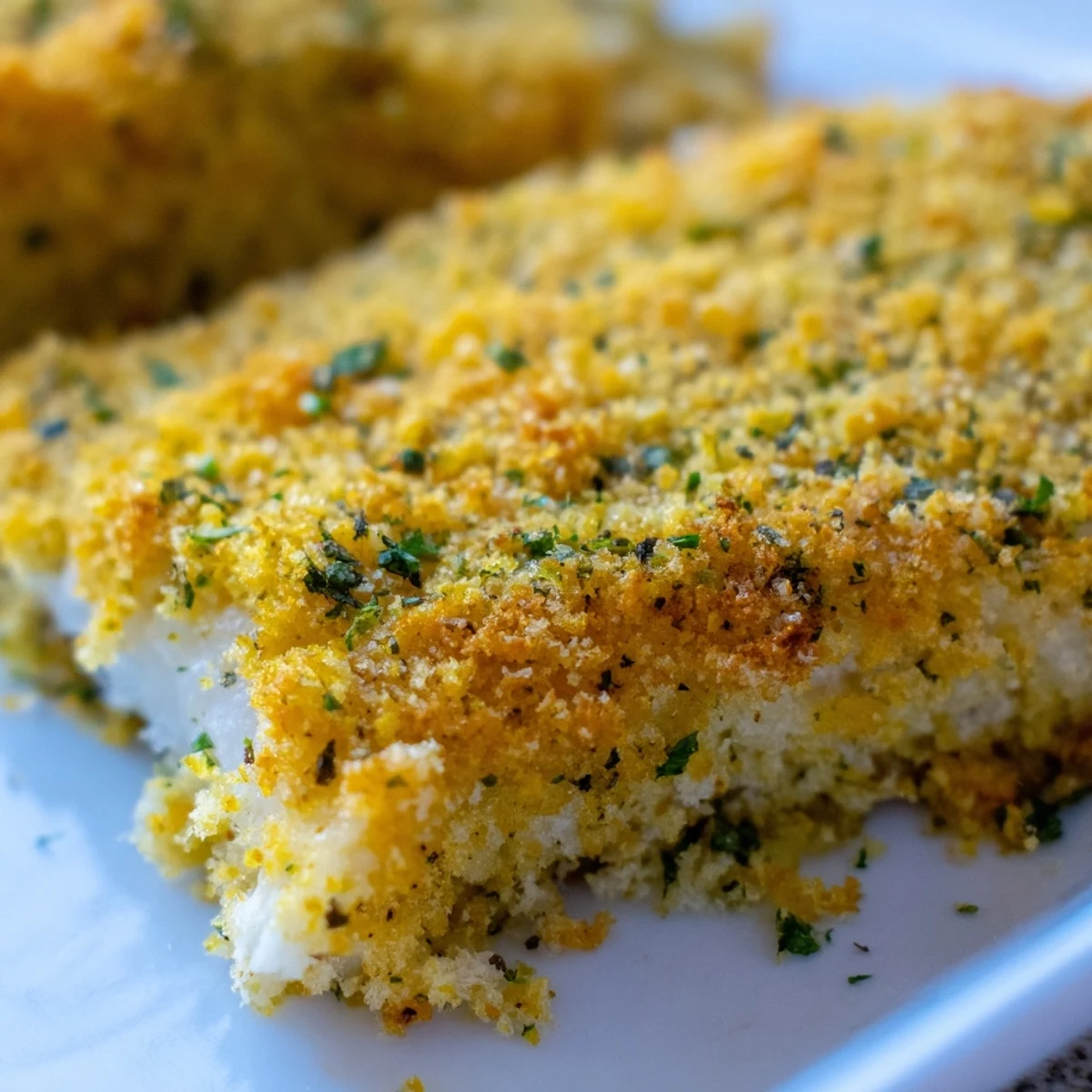 A close-up of Baked Haddock with Lemon and Herb Crumb showing a zesty, crunchy topping on moist, steaming fish.