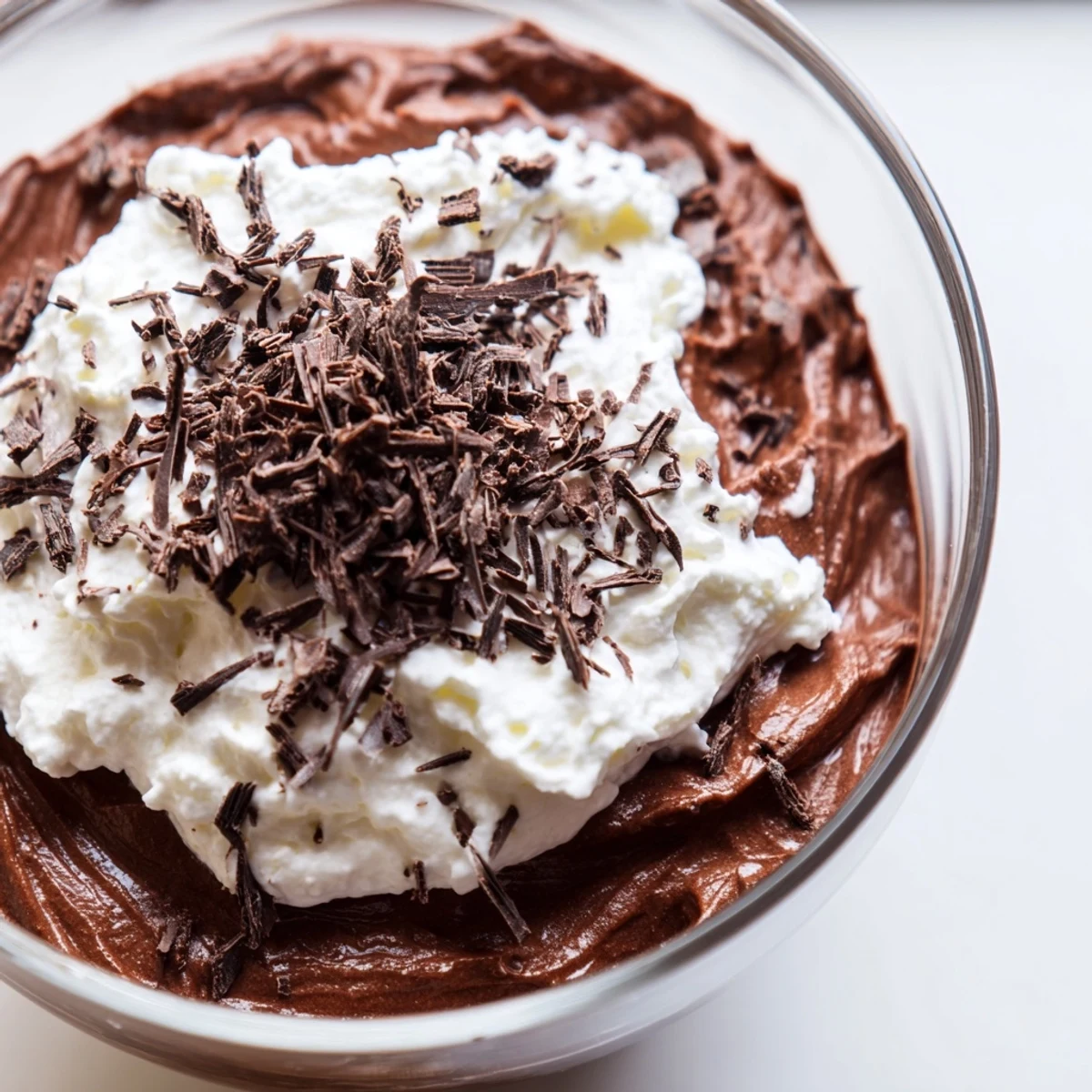 Crystal clear dessert glasses reveal layered Chocolate Mousse with Whipped Cream Shavings and glossy chocolate curls.