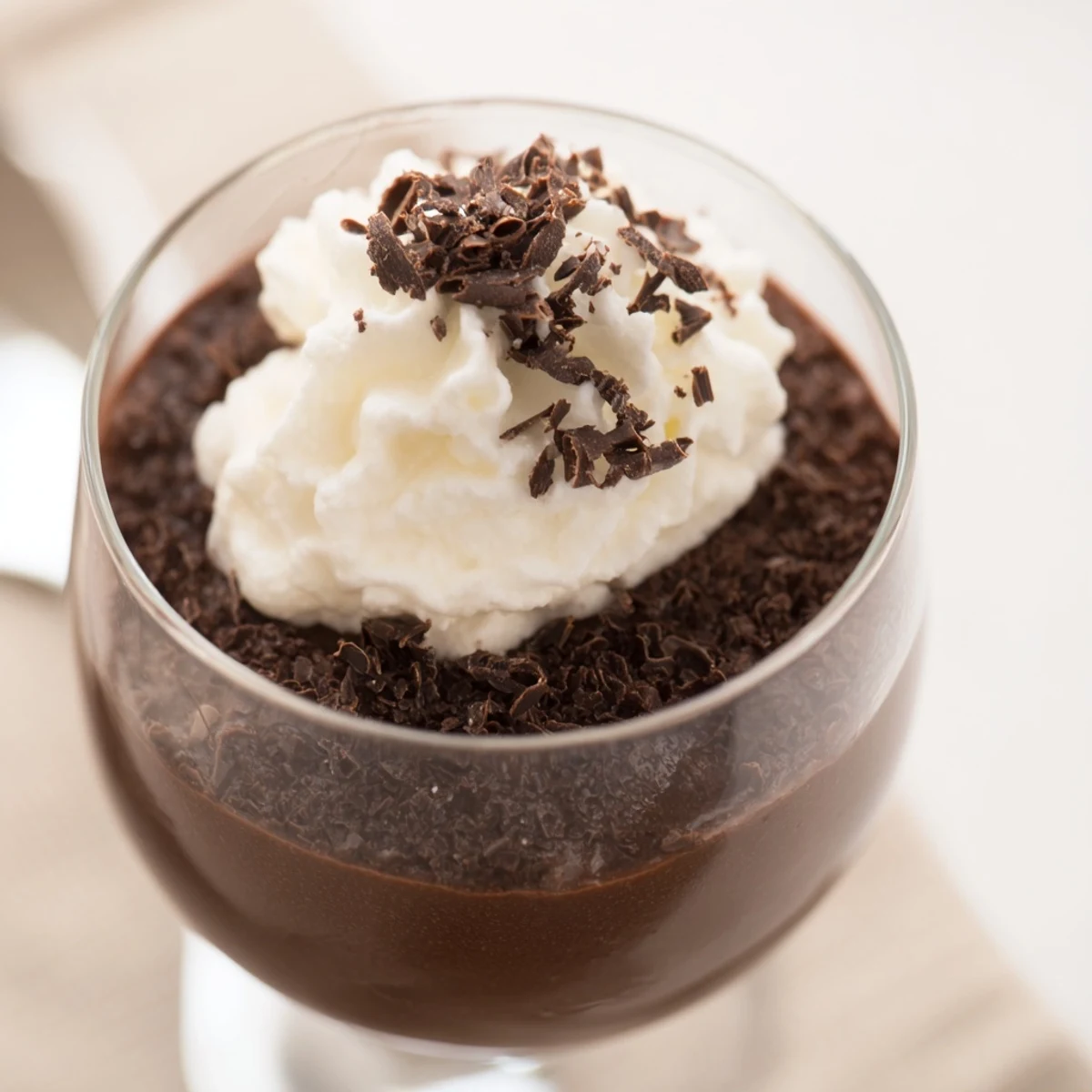 Rich, velvety Chocolate Mousse with Whipped Cream Shavings served in a glass with fresh raspberries.