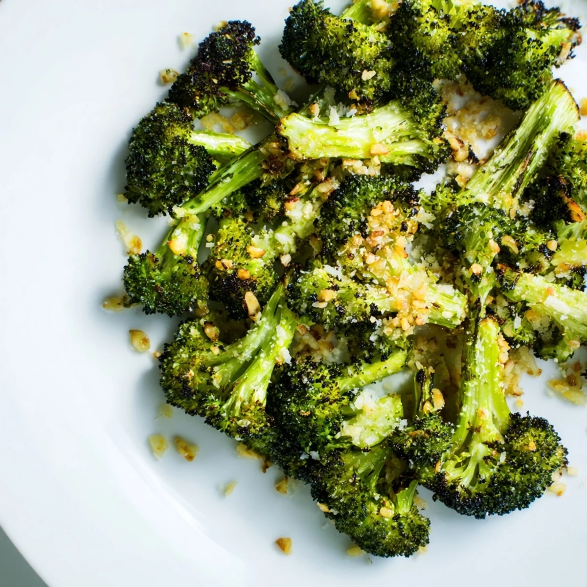 Golden roasted broccoli florets tossed with fresh garlic and topped with melted Parmesan, served warm as a savory side dish.