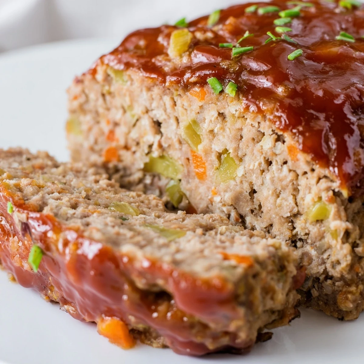Golden-brown turkey meatloaf with a sticky brown sugar glaze, served on a white plate with green beans.