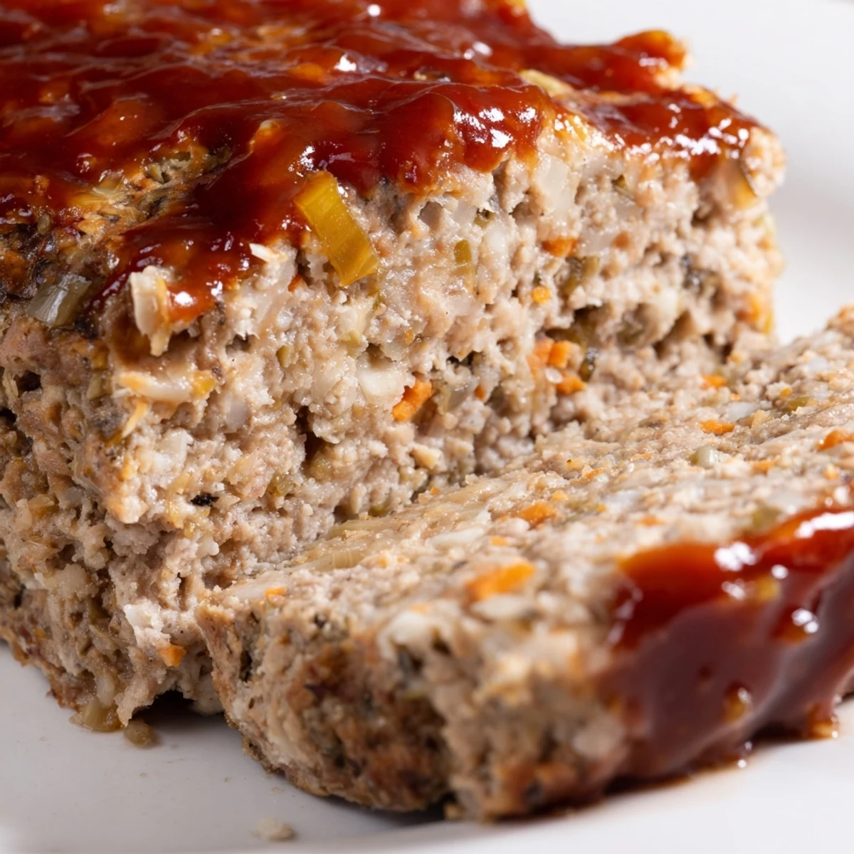 A moist slice of turkey meatloaf topped with a sweet, tangy glaze, ready to serve with mashed potatoes.