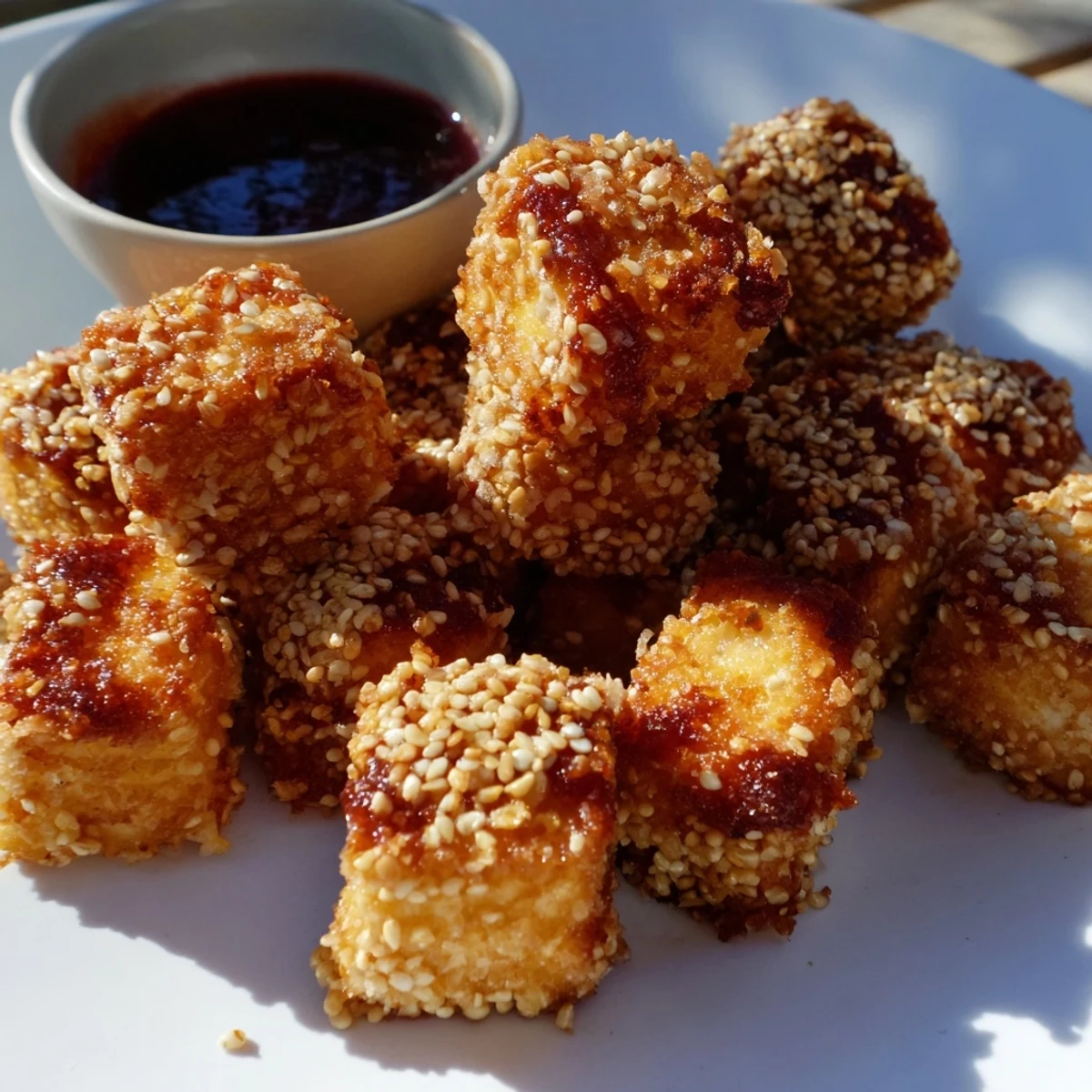 Golden-brown, crispy tofu bites arranged neatly beside a small bowl of savory dipping sauce, garnished with fresh scallions.  