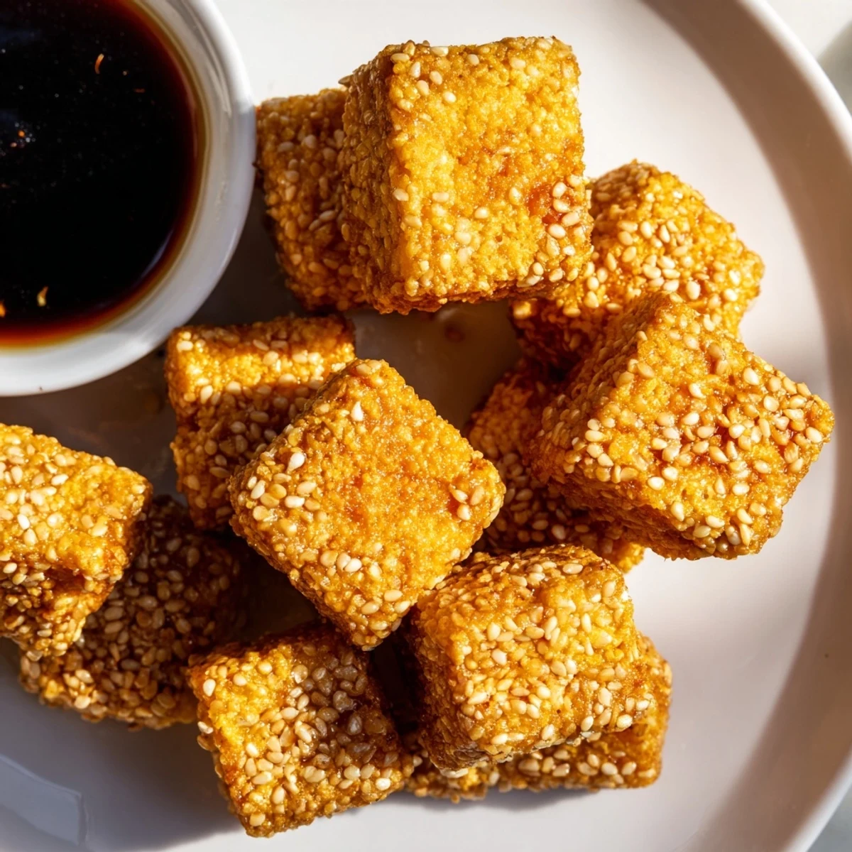 Crispy tofu bites in a light, crunchy coating, served warm with a tangy dipping sauce for dipping.  