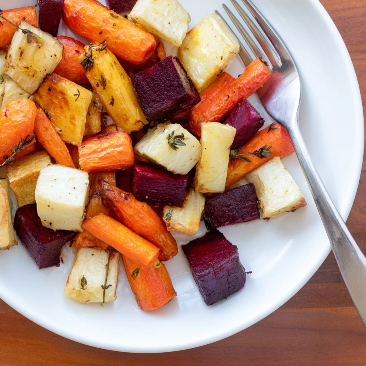 Roasted Roots with Thyme served as a warm, colorful side dish featuring golden carrots, parsnips, and sweet potatoes.