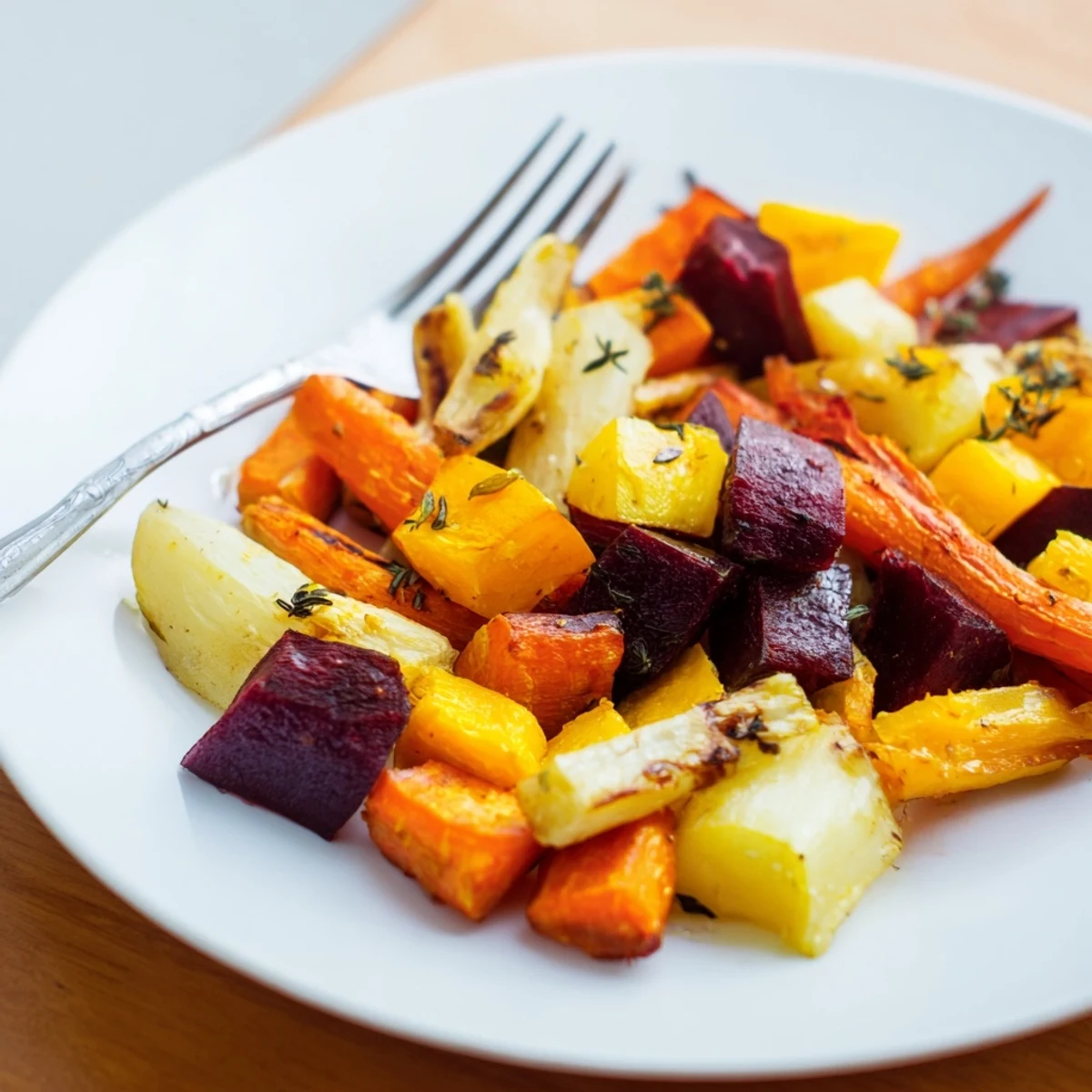 Roasted Roots with Thyme bake to caramelized perfection, releasing an aromatic scent as tender beet and rutabaga chunks soften.