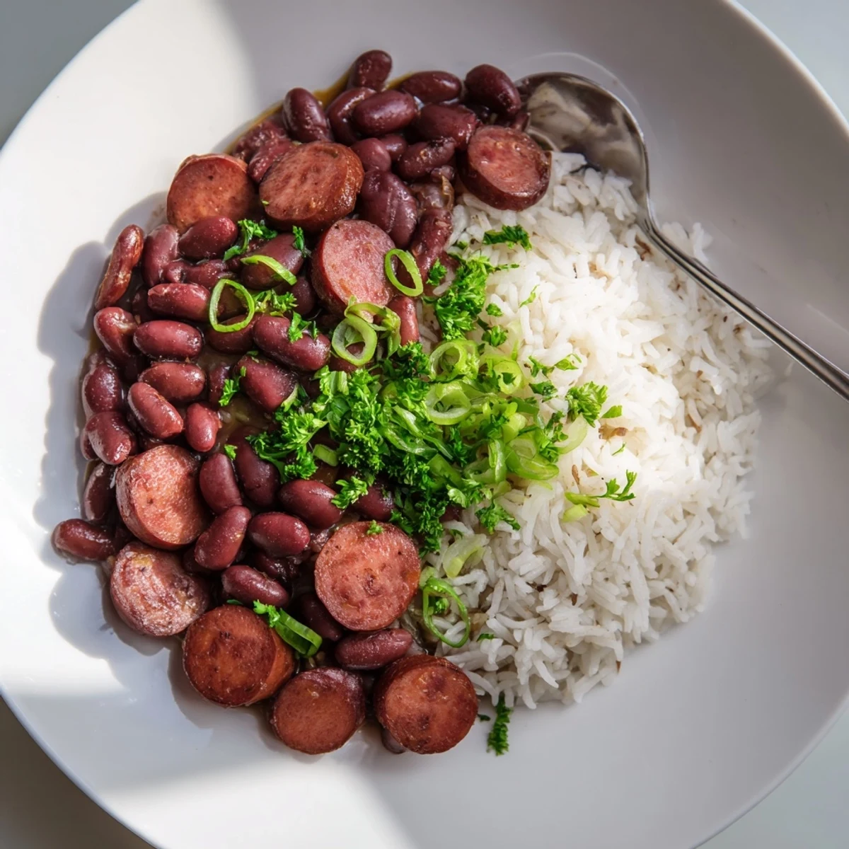 A hearty serving of Creole Red Beans and Rice, showcasing savory beans and sliced halal smoked sausage alongside fluffy rice, perfect for a family dinner.
