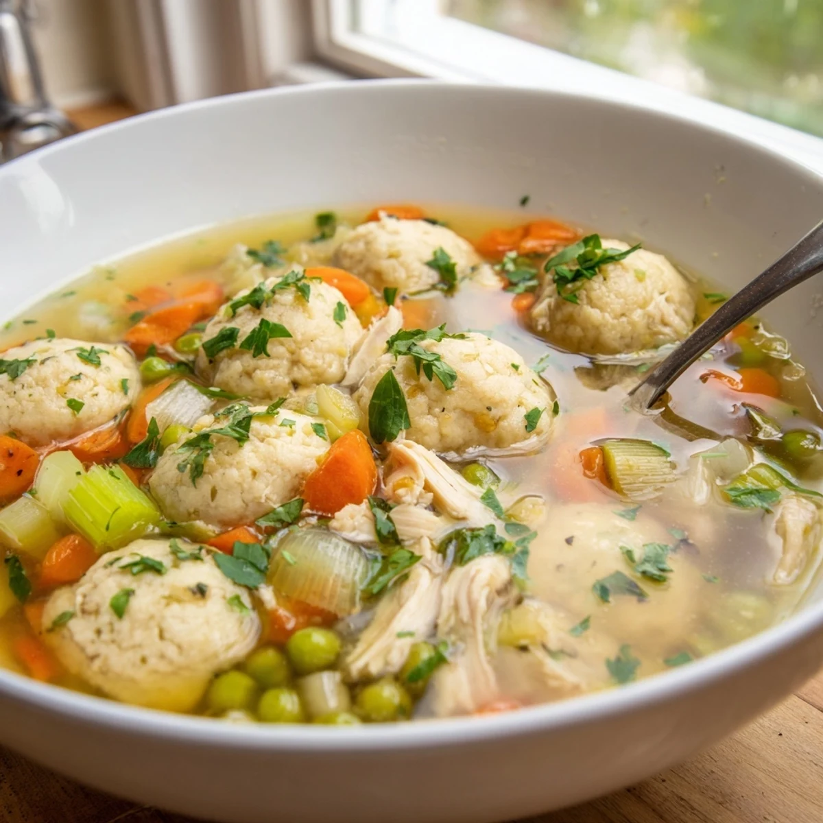 A warm bowl of Chicken Soup with Fluffy Dumplings, featuring tender shredded chicken, carrots, and peas in a savory broth with soft, steamed dumplings on top.