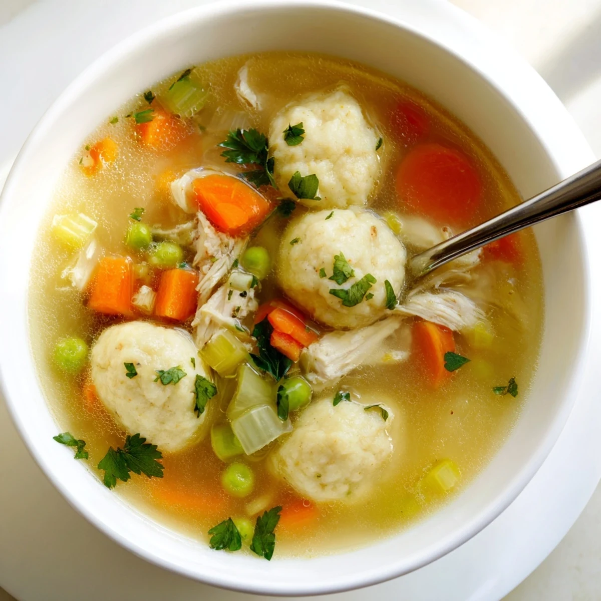 Hearty Chicken Soup with Fluffy Dumplings simmers with diced vegetables, savory broth, and fluffy spoonfuls of dough, ready for a comforting family dinner.