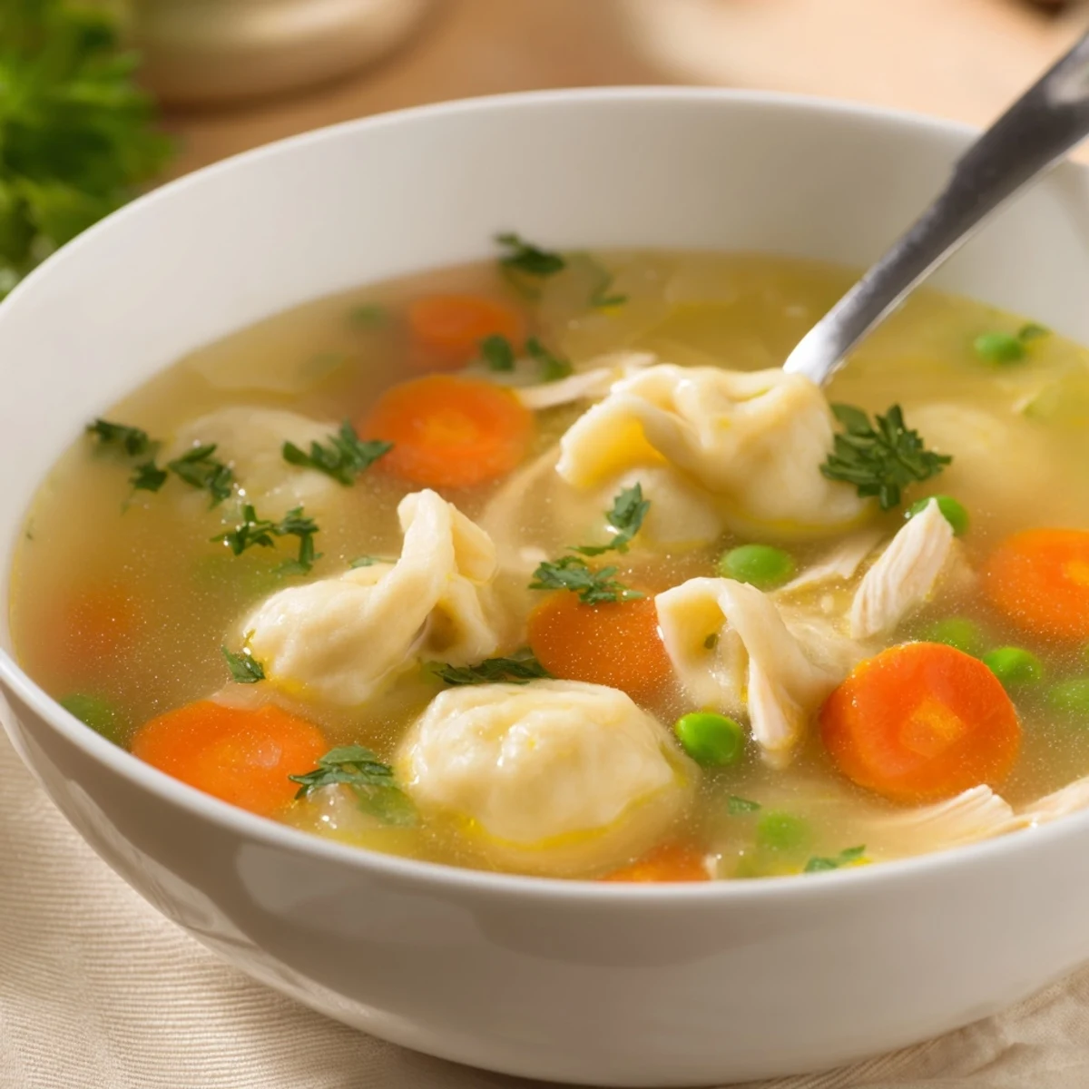 Steam rises from Chicken Soup with Fluffy Dumplings, revealing tender chicken pieces and golden dumplings nestled among bright carrots and green peas in a rustic pot.