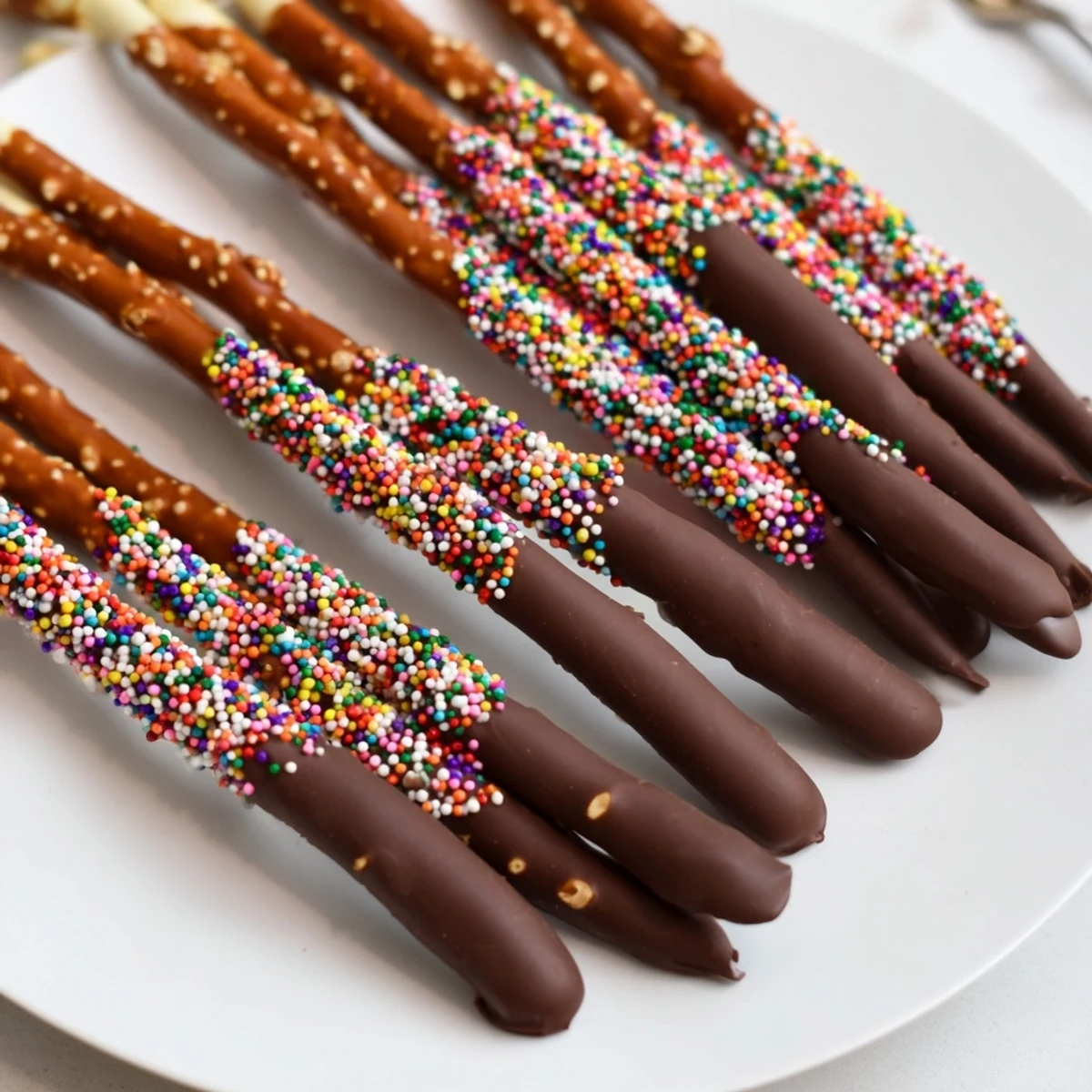 Pretzels with Sprinkles dipped in rich chocolate are displayed on a baking sheet, showcasing colorful sprinkles and a glossy finish, perfect for party treats.  