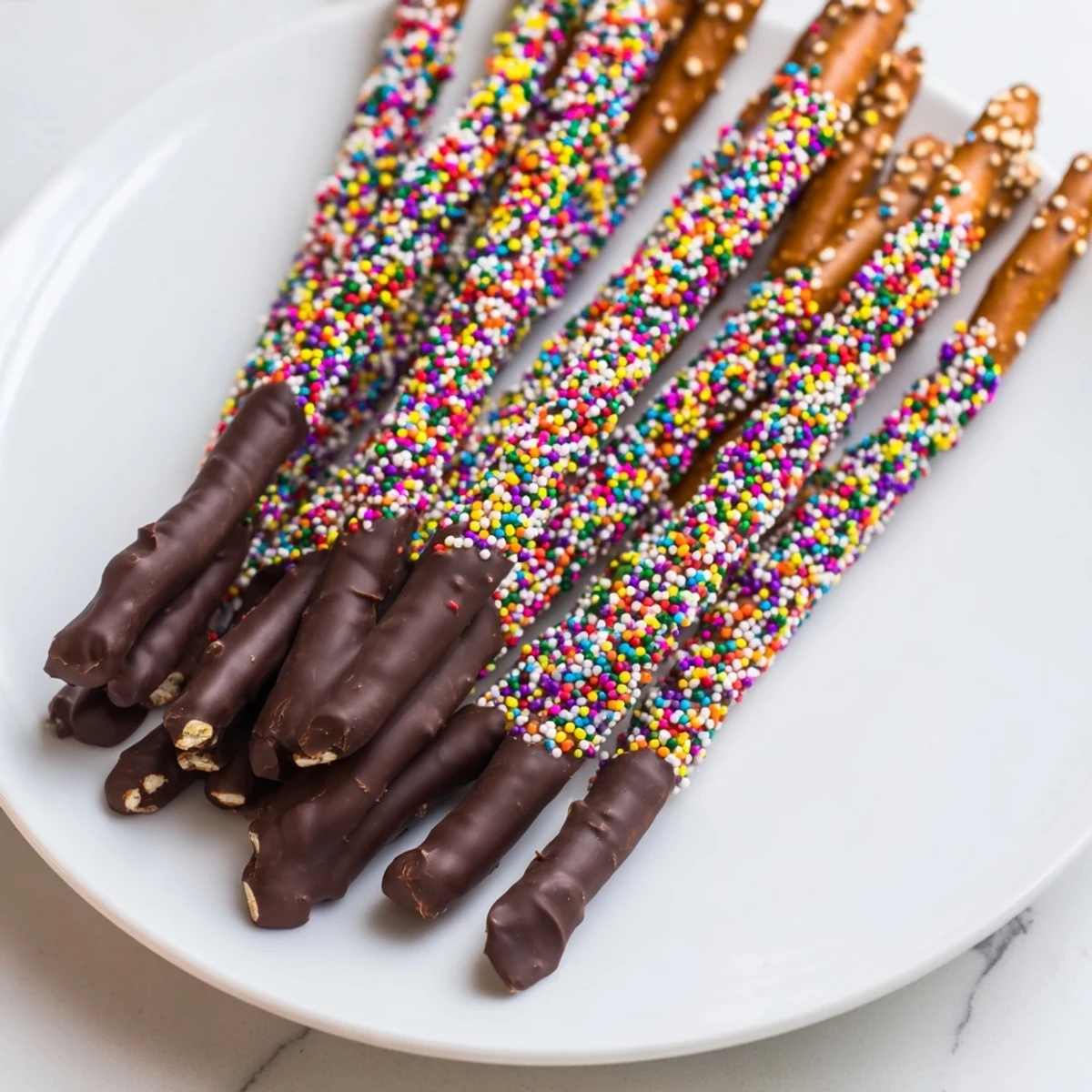 Chocolate Covered Pretzels with Sprinkles arranged on parchment paper, ready to serve, with a side of gift bags for thoughtful homemade party favors.