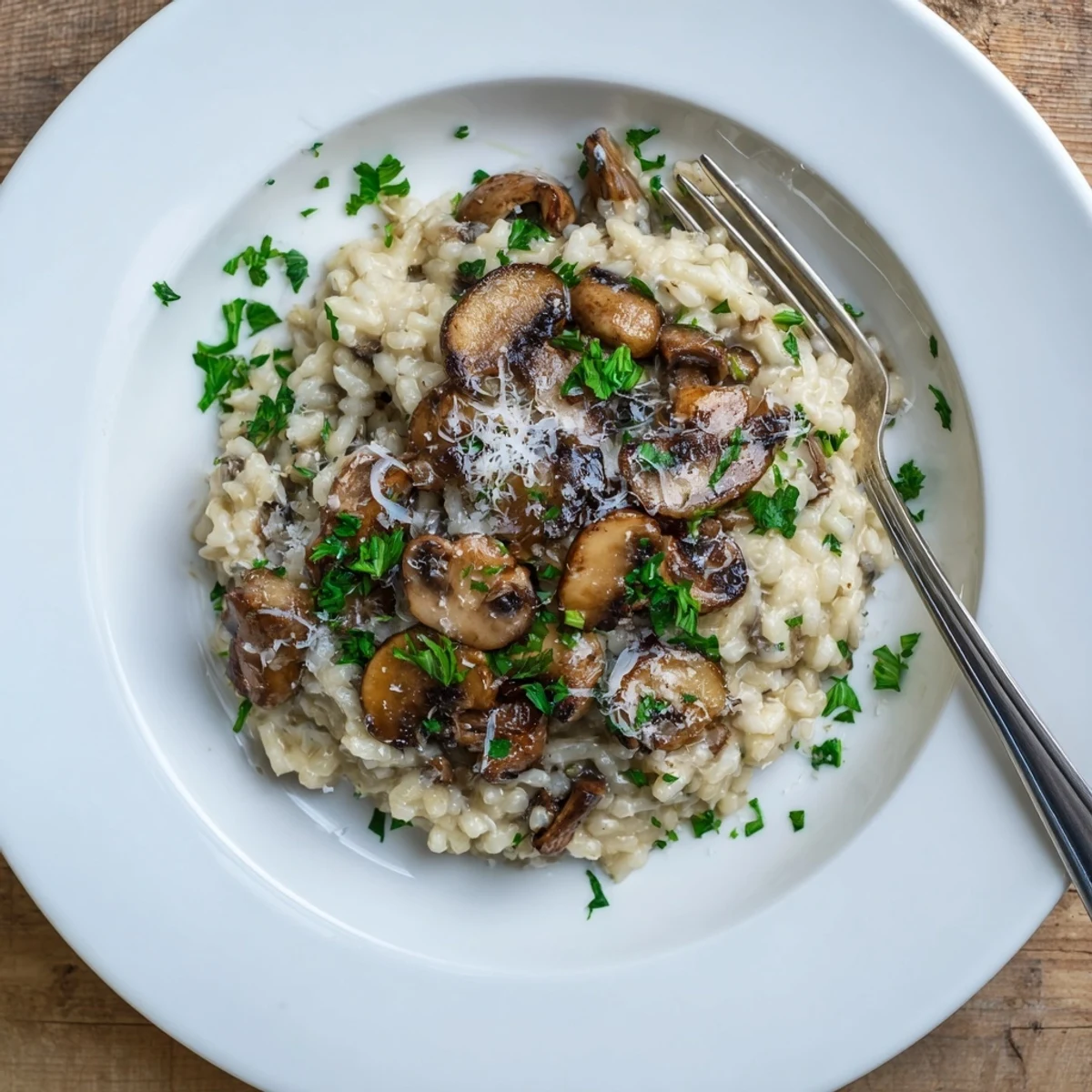Steaming Creamy Mushroom Risotto with Parmesan served in a shallow white bowl, garnished with fresh parsley.