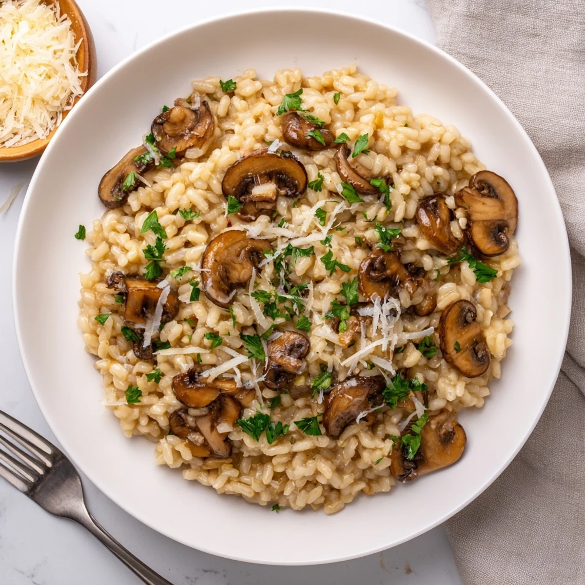 Plate of Creamy Mushroom Risotto with Parmesan, featuring golden mushrooms, fresh thyme, and a light dusting of cheese.