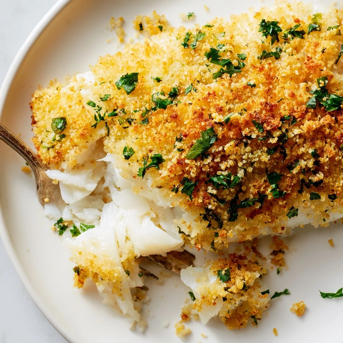 A close-up of Baked Cod with Panko Crust, featuring a crispy, buttery topping and fresh parsley garnish.  