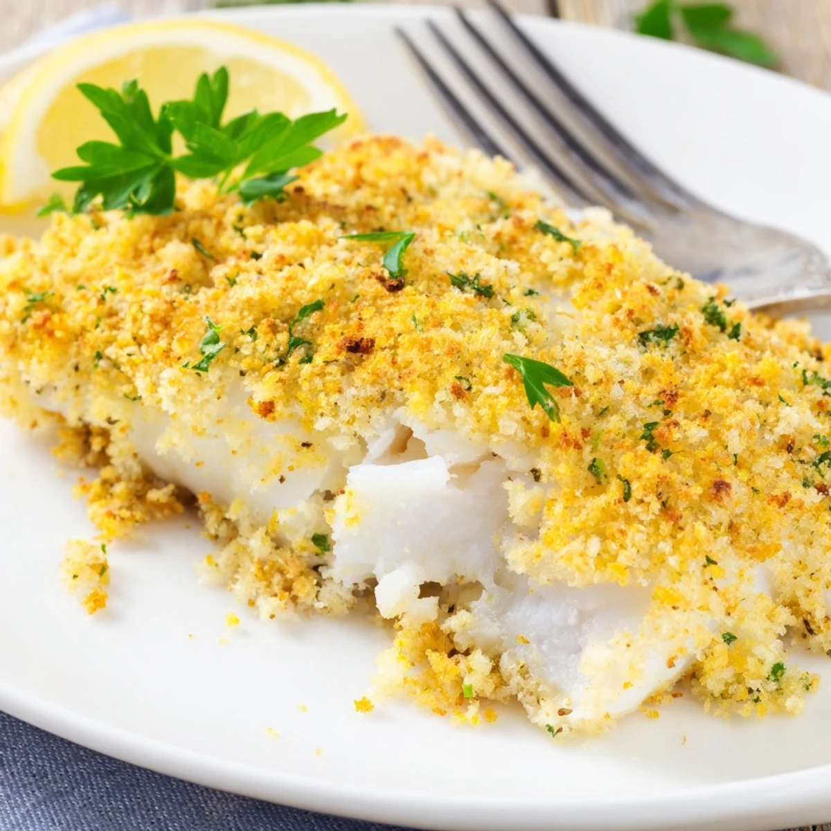 Plated Baked Cod with Panko Crust beside roasted vegetables, highlighting a golden crust and juicy white fish.